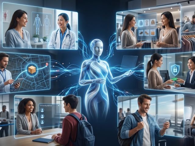 AI chatbot assisting customers across healthcare, banking, retail, education, and eCommerce through intelligent digital conversations.