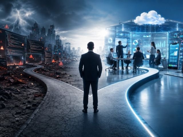 Business professionals collaborating with a software development partner to build digital solutions that drive business growth