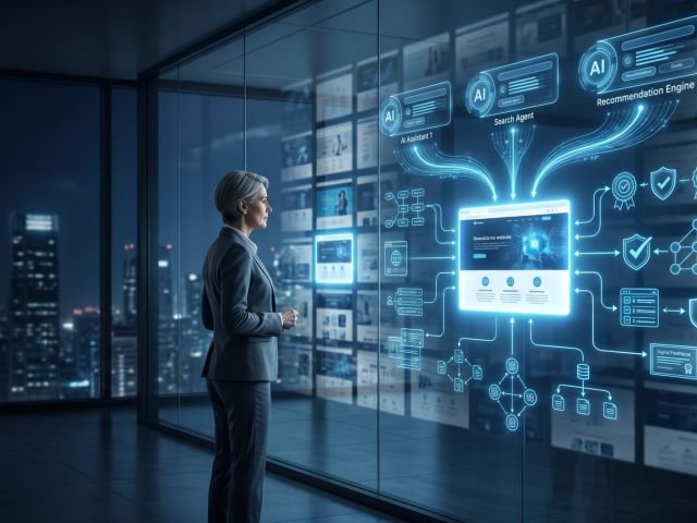 Business professionals using AI-powered search with digital interfaces representing ChatGPT, Gemini, and generative search technology.