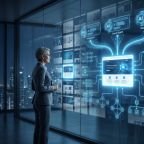 Business professionals using AI-powered search with digital interfaces representing ChatGPT, Gemini, and generative search technology.