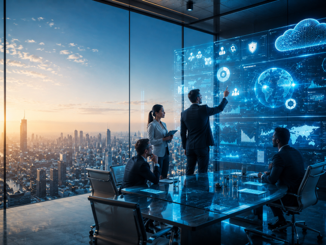 Business leaders collaborating around an interactive digital dashboard representing enterprise digital transformation, cloud technology, AI, and business innovation.