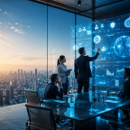 Business leaders collaborating around an interactive digital dashboard representing enterprise digital transformation, cloud technology, AI, and business innovation.