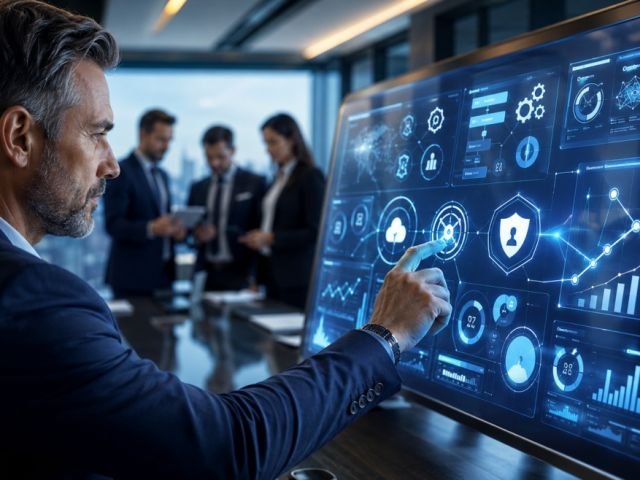 CEO evaluating business software investment with digital dashboards showing SaaS, custom software, cloud technology, and business analytics.