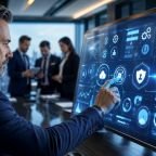 CEO evaluating business software investment with digital dashboards showing SaaS, custom software, cloud technology, and business analytics.