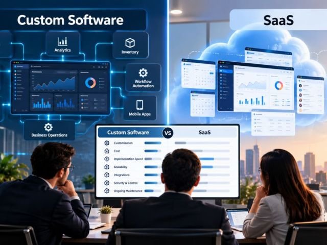 Custom software vs SaaS comparison showing flexibility, cost, scalability, security, and business growth.
