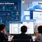 Custom software vs SaaS comparison showing flexibility, cost, scalability, security, and business growth.